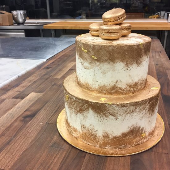 Gold-brushed Cake and Macarons