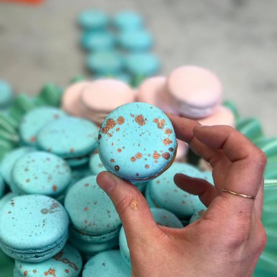 Gold-Flecked Light Blue and Pink Macarons